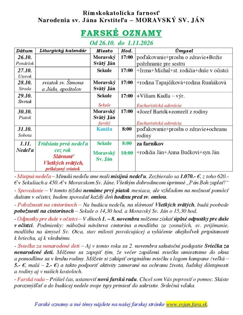 Farské oznamy 25.10.2026